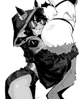 2girls artist_request ass bra carrying demon_girl highres hood horns jacket monochrome multiple_girls pubic_tattoo smile sunglasses tattoo tongue tongue_out underwear yuri