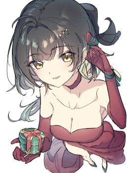 1girl absurdres alternate_costume bare_shoulders black_bow black_hair bow breasts choker cleavage collarbone commentary dated_commentary dress elbow_gloves female_rover_(wuthering_waves) gift gloves hair_bow highres holding holding_gift looking_at_viewer medium_breasts mutii parted_lips red_choker red_dress red_gloves rover_(wuthering_waves) smile solo strapless strapless_dress wuthering_waves yellow_eyes