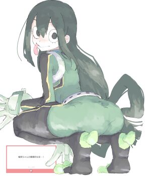 Rule 34 | 1girl, absurdres, ass, asui tsuyu, black eyes, black hair, bodysuit, boku no hero academia, commentary request, frog girl, from behind, gloves, green bodysuit, green gloves, hair rings, highres, long hair, long tongue, looking at viewer, looking back, low-tied long hair, marshmallow (site), mocamocaink, request inset, simple background, sketch, solo, squatting, thighs, tiptoes, tongue, tongue out, white background