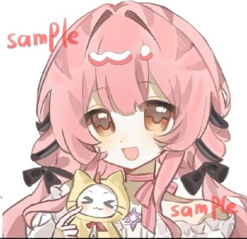 Rule 34 | > <, 1girl, ahoge, animal, bare shoulders, black bow, black ribbon, blunt bangs, bow, bow choker, bowtie, brown eyes, cat, chinese commentary, choker, cloak, clothed animal, collarbone, commentary request, commission, dot nose, ear covers, eyes visible through hair, frilled shirt, frills, hair bow, hair intakes, hair ribbon, happy, hexagram, holding, holding animal, holding cat, hood, hood up, hooded cloak, infinity nikki, jewelry, light blush, long hair, long sidelocks, low twintails, momo (nikki), navel, necklace, nikki (nikki), nikki (series), off-shoulder shirt, off shoulder, open mouth, perfect start (infinity nikki), pink bow, pink bowtie, pink choker, pink hair, red bow, red bowtie, ribbon, riqingqing, sample watermark, shirt, sidelocks, simple background, single stripe, smile, star (symbol), star necklace, striped bow, striped bowtie, striped choker, striped clothes, tress ribbon, twintails, upper body, watermark, wavy hair, whiskers, white background, white cat, white shirt, yellow cloak