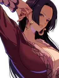 Rule 34 | 1girl, black hair, boa hancock, breasts, cleavage, dress, earrings, highres, jewelry, kurage20001, large breasts, long hair, long sleeves, looking at viewer, one piece, red dress, simple background, snake earrings, solo, upper body, white background