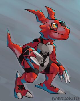 Rule 34 | artist name, claws, colored skin, digimon, digimon (creature), dokodokito, grey background, guilmon, highres, orange eyes, red skin, solo, tail