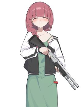Rule 34 | 1girl, ammunition, black jacket, black nails, blue archive, blunt bangs, bocchi the rock!, borrowed weapon, braid, closed eyes, cowboy shot, dress, earrings, facing viewer, fukachi, green dress, gun, highres, hiroi kikuri, holding, holding gun, holding weapon, jacket, jewelry, konoka (blue archive), long hair, long sleeves, multicolored jacket, nail polish, pump action, red hair, remington 870, senbongi sayaka, shotgun, shotgun shell, simple background, single braid, single off shoulder, solo, strap slip, stud earrings, trigger discipline, two-tone jacket, voice actor connection, weapon, white background, white jacket