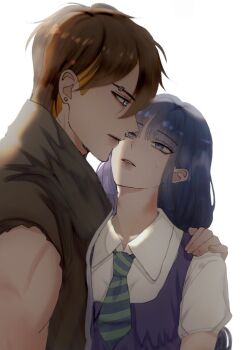 Rule 34 | 1boy, 1girl, arm around shoulder, black coat, black hair, blonde hair, boruto: two blue vortex, braid, coat, diagonal-striped clothes, diagonal-striped necktie, earrings, eyebrow piercing, face piercing, grey eyes, hand on another's shoulder, ifevilwhyuhot, jewelry, kakei sumire, kawaki (boruto), long hair, multicolored hair, naruto (series), necktie, piercing, purple eyes, purple hair, short necktie, sleeveless, sleeveless coat, striped clothes, stud earrings, sweatdrop, toned, toned male, two-tone hair