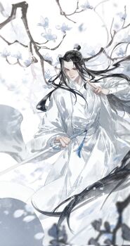 Rule 34 | 1boy, bichen sword, black hair, blurry, blurry foreground, branch, chinese clothes, coat, falling petals, fighting stance, flower, hand up, hanfu, hashtag-only commentary, headband, highres, holding, holding sword, holding weapon, jian (weapon), kuji-in, lan wangji, liuche79871650, long hair, long sleeves, looking at viewer, male focus, modao zushi, open clothes, open coat, parted lips, petals, robe, sample watermark, sash, solo, standing, sword, sword tassel, tassel, topknot, tree, very long hair, watermark, watermark grid, weapon, white background, white coat, white flower, white hanfu, white headband, wide sleeves
