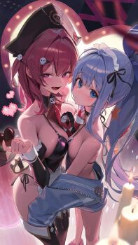 2girls anchor_(innocent_maid)_(nikke) anchor_(nikke) antenna_hair apron arm_bow bare_shoulders between_breasts bicorne bikini black_corset black_hat blue_bow blue_eyes blue_hair blue_jacket bow breast_press breasts candle candy chocolate chocolate_heart commentary corset fang food frilled_apron frills from_side goddess_of_victory:_nikke hair_intakes hair_ornament hat heart heart-shaped_food highres jacket large_breasts maid_apron maid_headdress mast_(nikke) mast_(romantic_maid)_(nikke) morgan_(nikke) multiple_girls official_alternate_costume official_alternate_hairstyle open_mouth pink_eyes pirate_hat ponytail red_hair side-tie_bikini_bottom skin_fang skull_collar skull_hair_ornament sleeves_past_fingers sleeves_past_wrists small_breasts starfish_hair_ornament swimsuit symbol-only_commentary symmetrical_docking two_side_up waist_apron white_headdress white_wrist_cuffs wrist_cuffs xi_xeong