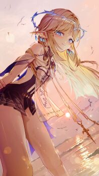 Rule 34 | 1girl, absurdres, bare legs, bare shoulders, black collar, black dress, blonde hair, blue eyes, breasts, cartethyia (wuthering waves), closed mouth, collar, commentary, crown of thorns, dress, dutch angle, earrings, highres, jelmul, jewelry, leaning forward, legs, long hair, looking at viewer, ocean, outdoors, pointy ears, sidelocks, small breasts, smile, solo, tabard, tacet mark (wuthering waves), thighs, twitter username, white tabard, wuthering waves