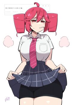 1girl ahoge alternate_costume black_shorts blush_stickers bow bowtie breasts cameltoe clothes_lift drill_hair highres kasane_teto kooei large_breasts lollipop_in_mouth looking_at_viewer miniskirt plaid_clothes plaid_skirt pleated_skirt red_bow red_bowtie red_eyes red_hair school_uniform serafuku shirt shirt_tucked_in short_shorts short_sleeves shorts shorts_under_skirt signature simple_background skirt skirt_lift solo sweatdrop turtleneck turtleneck_shirt twin_drills utau white_background white_serafuku white_shirt