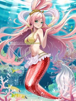 1girl bikini bikini_top_only blue_eyes bubble closed_mouth commentary coral half_updo highres long_hair looking_at_viewer mermaid monster_girl navel one_piece pink_hair sakusakupenpen shirahoshi sidelocks solo sparkle swept_bangs swimsuit underwater yellow_bikini