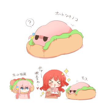 >_< 2girls :d blush bocchi_the_rock! brown_sweater chibi chibi_only closed_eyes commentary_request cropped_torso cube_hair_ornament food gotoh_hitori gotoh_hitori_(tsuchinoko) hair_ornament holding holding_phone hot_dog in_food jacket kita_ikuyo long_hair long_sleeves multiple_girls one_side_up open_mouth phone pink_hair pink_jacket rebecca_(keinelove) red_hair school_uniform shuka_high_school_uniform simple_background smile sparkle sweater taking_picture track_jacket translation_request white_background xd