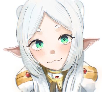 1girl :3 absurdres capelet commentary commentary_typo elf forehead frieren gold_trim green_eyes hair_over_shoulder highres long_pointy_ears looking_at_viewer parted_bangs pointy_ears simple_background solo sousou_no_frieren thick_eyebrows tomosakaaa twintails upper_body white_background white_capelet