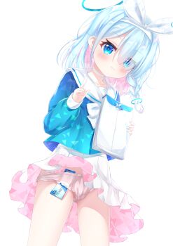 1girl :3 arona_(blue_archive) blue_archive blue_eyes blue_hair blue_halo blue_pupils blue_shirt blush bow bow_hairband bowtie braid choker closed_mouth collarbone colored_inner_hair commentary_request cowboy_shot dot_nose dutch_angle envelope eyes_visible_through_hair gacha_(game_mechanic) gluteal_fold hair_over_one_eye hairband halo hand_up highres holding holding_envelope index_finger_raised loli long_sleeves looking_at_viewer medium_hair miniskirt multicolored_hair object_in_clothes object_in_panties panties pantyshot pink_hair pink_panties pleated_skirt print_shirt recruitment_(blue_archive) sailor_collar shirt short_braid side_braid simple_background single_braid skirt sleeve_cuffs smug solo sparkling_eyes standing swept_bangs thighs ticket triangle_print two-tone_hair underwear upskirt white_background white_bow white_bowtie white_choker white_hairband white_sailor_collar white_skirt yottacc