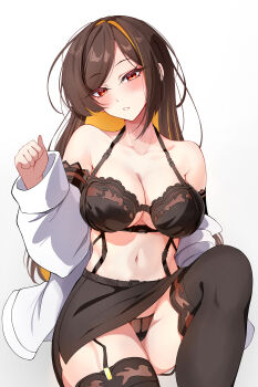 1girl absurdres black_bra black_panties black_skirt black_thighhighs blonde_hair blush bra breasts brown_hair chiori_(genshin_impact) cleavage commentary genshin_impact head_tilt highres large_breasts long_hair long_sleeves looking_at_viewer midori_(midori13579) multicolored_hair navel off_shoulder panties parted_lips red_eyes seiza simple_background sitting skirt solo stomach thighhighs underwear very_long_hair white_background