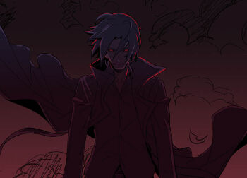 1boy bantrain coat facial_hair gambit male_focus marvel red_eyes simple_background solo stubble togatsuko trench_coat x-men