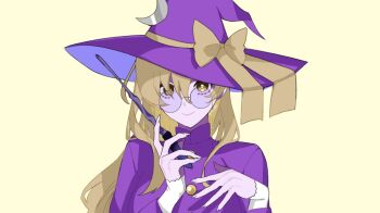 1girl 5npa93a blonde_hair bow closed_mouth commentary_request crescent crescent_hat_ornament dress glasses happy hat hat_bow hat_ornament holding holding_wand kirisame_marisa kirisame_marisa_(pc-98) long_hair long_sleeves looking_at_viewer purple_dress purple_hat round_eyewear simple_background smile solo touhou touhou_(pc-98) upper_body very_long_hair wand yellow_background yellow_bow yellow_eyes