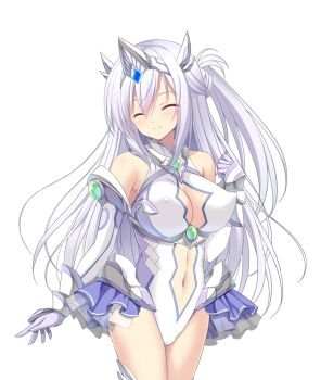 1girl ^_^ arm_at_side armor bare_shoulders blush braid breasts center_opening chikubi_(artist) cleavage cleavage_cutout clenched_hand closed_eyes closed_mouth clothing_cutout covered_erect_nipples cowboy_shot elbow_gloves facing_viewer faulds frilled_skirt frills game_cg gem gloves hair_between_eyes half_updo hand_up headgear headpiece kusarou large_breasts large_variant_set layered_skirt leotard long_hair magical_girl mahou_shoujo_inori mamiya_inori miniskirt navel navel_cutout non-web_source official_art one_side_up overskirt purple_gloves see-through_clothes showgirl_skirt sidelocks skirt smile solo standing thighhighs tiara transparent_background turtleneck variant_set white_gloves white_hair white_leotard white_thighhighs