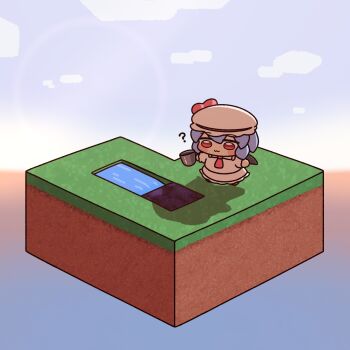 1girl :3 ? ascot bat_wings blue_hair blue_sky blush_stickers bucket chibi chibi_only closed_mouth commentary_request full_body grass_block hat hat_ribbon highres holding holding_bucket horizon looking_ahead minecraft obsidian_rock pink_hat pink_shirt red_ascot red_eyes red_ribbon remilia_scarlet ribbon shadow shirt short_hair sky skyblock solo standing touhou water wings y75zei