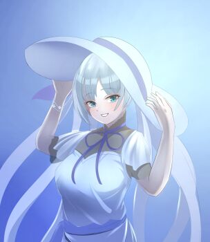 1girl blue_eyes blush breasts britomart_(fate) britomart_(over_the_same_sky)_(fate) dress fate/grand_order fate_(series) hat highres large_breasts long_hair san_f smile solo sun_hat upper_body white_dress white_hair