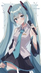 Rule 34 | 1girl, absurdres, arm at side, bare shoulders, black skirt, black sleeves, black thighhighs, blue eyes, blue hair, blue nails, blue necktie, blush, closed mouth, collared shirt, commentary, cowboy shot, dated, detached sleeves, hair between eyes, hasei (hasei01), hatsune miku, head tilt, highres, holding, holding microphone, long hair, long sleeves, looking at viewer, microphone, miniskirt, nail polish, necktie, number tattoo, pleated skirt, shirt, sidelocks, skirt, sleeveless, sleeveless shirt, smile, solo, tattoo, thighhighs, tie clip, translation request, twintails, twitter username, very long hair, vocaloid, white shirt, zettai ryouiki