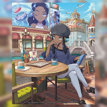 1girl aqua_eyes aqua_hair bag black_hair black_shoes blue_eyeshadow bottle brick_floor bridge chair clipboard clock cloud commentary company_name copyright_name copyright_notice crop_top crossed_legs curtained_hair dark-skinned_female dark_skin day earclip earrings english_commentary eyeshadow gen_3_pokemon glass grey_hat grey_pants gunjima_souichirou hand_up hat holding hoop_earrings jewelry looking_down makeup multicolored_hair nessa_(pokemon) nintendo official_art open_mouth outdoors pants pokemon pokemon:_twilight_wings pokemon_(creature) pokemon_swsh pokemon_tcg shoes sitting sky table third-party_source tongue two-tone_hair water wingull