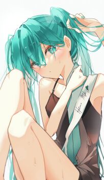 1girl aqua_eyes aqua_hair armpits arms_up bare_shoulders black_camisole blush camisole character_name collarbone english_text hand_in_own_hair hand_on_own_neck hatsune_miku head_tilt highres legs light_blush long_hair looking_at_viewer narrow_waist out_of_frame playing_with_own_hair ria_art simple_background skinny solo twintails very_long_hair vocaloid white_background