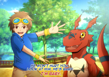 1boy blue_shirt brown_hair brown_pants colored_skin day digimon digimon_(creature) english_text goggles goggles_on_head guilmon highres looking_at_viewer meme open_mouth orange_eyes outdoors pants red_skin rubixkun shirt short_hair short_sleeves subtitled tail tree will_smith:_tada_(meme)