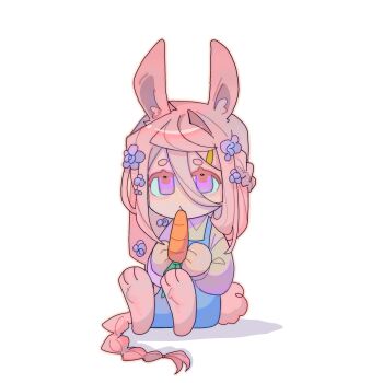 Rule 34 | 1boy, androgynous, animal ears, animal feet, animification, blue overalls, braid, carrot, chibi, chibi only, chinese commentary, commentary request, flower, hair between eyes, hair flower, hair ornament, highres, holding, humanization, liuxingyeting, long hair, long sleeves, male focus, minecraft youtube, origins smp, overalls, pink eyes, pink hair, rabbit boy, rabbit ears, rabbit tail, shirt, short eyebrows, single braid, sitting, solo, tail, technoblade, technoblade (bunny), very long hair, white background, white shirt