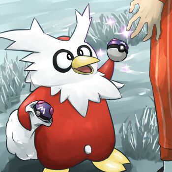 1other absurdres beak delibird gen_2_pokemon highres holding holding_poke_ball master_ball nintendo open_mouth orange_pants pants poke_ball pokemon pokemon_(creature) sparkle spicyichizo striped_clothes striped_pants
