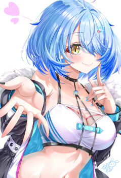 1girl absurdres armpit_crease ayakase_hotaru black_jacket black_nails blue_hair blue_nails blush bra breasts cleavage closed_mouth collarbone commentary_request elf finger_to_cheek fingernails hair_over_one_eye highres hololive jacket large_breasts long_sleeves looking_at_viewer nail_polish official_alternate_costume pointy_ears short_hair simple_background single_bare_shoulder single_off_shoulder smile solo underwear upper_body virtual_youtuber white_background white_bra yellow_eyes yukihana_lamy yukihana_lamy_(cyber)
