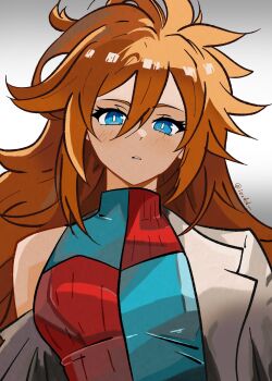1girl android_21 blue_dress blue_eyes coat commentary dragon_ball dragon_ball_fighterz dress english_commentary hair_between_eyes highres ierdid lab_coat long_hair looking_at_viewer open_clothes open_coat orange_hair red_dress single_bare_shoulder single_off_shoulder solo twitter_username two-tone_dress upper_body white_background white_coat