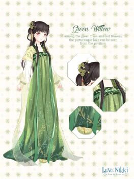 Rule 34 | 1girl, artist request, black hair, blunt bangs, bow-shaped hair, braid, braided hair rings, brown eyes, character name, chinese clothes, close-up, closed mouth, copyright logo, dot nose, double bun, english text, floral background, flower, full body, green flower, green hanfu, green ribbon, green shawl, green shoes, green willow (miracle nikki), hair bun, hair flower, hair ornament, hair rings, hairpin, hanfu, happy, layered sleeves, light blush, light particles, logo, long hair, long sidelocks, long sleeves, looking at viewer, miracle nikki, multiple hairpins, nikki (series), official art, plant print, print sleeves, ribbon, shawl, shoes, short over long sleeves, short sleeves, sidelocks, smile, solo, standing, tareme, third-party source, very long hair, white background, willow