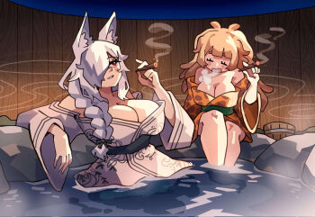 2girls animal_ears artist_request bananajuju blonde_hair breasts cleavage closed_eyes discordia_(vtuber) dreadlocks fox_ears fox_girl grey_hair hair_over_one_eye highres huge_breasts indie_virtual_youtuber japanese_clothes kimono long_hair multiple_girls onsen red_eyes smoking virtual_youtuber white_kimono