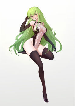 1girl :o absurdres black_gloves black_thighhighs blush breasts c.c. code_geass full_body gloves green_hair groin hand_in_own_hair hand_up high_heels highleg highleg_leotard highres invisible_chair leotard long_hair medium_breasts open_mouth ruyimaobao see-through_clothes see-through_leotard simple_background sitting solo thighhighs very_long_hair white_background yellow_eyes zhazhupai24