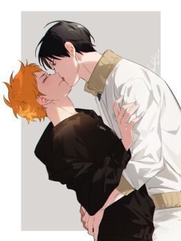 Rule 34 | 2boys, black hair, black hoodie, black shirt, blue eyes, blush, border, closed eyes, commentary request, dated, from side, grey background, haikyuu!!, hands on another's back, height difference, hinata shouyou, hood, hood down, hoodie, jacket, kageyama tobio, korean commentary, licking, licking another's face, licking another's lips, male focus, multiple boys, orange hair, outside border, pants, sanddek, shirt, short hair, signature, white border, white jacket, white pants, yaoi