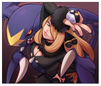 1girl absurdres black_coat black_pants blonde_hair breasts cleavage coat cynthia_(pokemon) garchomp gen_4_pokemon glowing glowing_eyes hair_ornament hair_over_one_eye hand_on_own_hip highres holding holding_poke_ball large_breasts long_hair looking_at_viewer nagainosfw nintendo one_eye_covered pants parted_lips poke_ball pokemon pokemon_(creature) pokemon_dppt smile ultra_ball