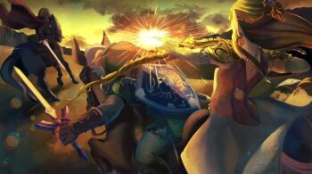 1girl 2boys battle bow_(weapon) epona ganondorf green_tunic highres hylian_shield link master_sword multiple_boys nasagina nintendo pointy_ears princess_zelda shield the_legend_of_zelda the_legend_of_zelda:_twilight_princess tunic weapon