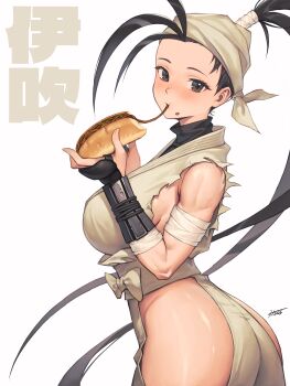 1girl absurdres antenna_hair arm_guards arm_wrap ass bandaged_arm bandages black_eyes black_hair breasts clothing_cutout eating food food_in_mouth food_on_face hair_pulled_back hichi high_ponytail highres hip_vent holding holding_food ibuki_(street_fighter) large_breasts long_hair looking_at_viewer ninja ponytail sideboob sleeveless solo street_fighter street_fighter_iii_(series) thighs toned toned_female torn_clothes torn_sleeves turtleneck very_long_hair yakisobapan