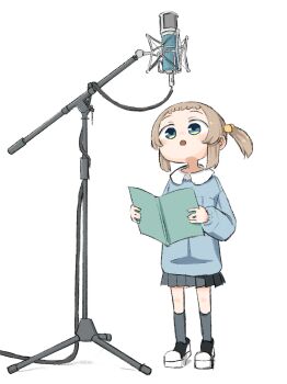 1girl :o blonde_hair blue_jacket book cable full_body grey_skirt grey_socks hair_bobbles hair_ornament height_difference highres himari_chaya holding holding_book jacket looking_up microphone microphone_stand open_mouth original pleated_skirt script shirt side_ponytail sidelocks simple_background skirt socks solo studio_microphone white_background white_shirt