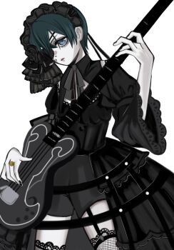 1boy artist_collaboration bass_guitar belt black_belt black_dress black_nails black_ribbon black_shorts blue_eyes blue_hair ciel_phantomhive crossdressing crossdressing_(mtf) dress eyepatch fishnets frilled_dress frills gothic_lolita hairband highres holding holding_bass_guitar holding_instrument instrument jewelry kizitora kuroshitsuji lolita_fashion lolita_hairband long_sleeves looking_at_viewer male_focus music pale_skin parted_lips playing_bass_guitar playing_instrument puffy_long_sleeves puffy_sleeves ribbon ring short_hair shorts simple_background solo white_background xsugoopjqu63659