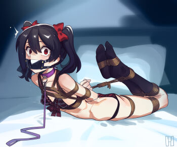 1girl black_bra black_hair black_socks bra breasts cad_(caddo) collar collarbone gag gagged hogtie leash long_hair looking_at_viewer love_live! love_live!_school_idol_project lying on_stomach panel_gag red_eyes red_ribbon ribbon shibari shibari_over_clothes skindentation small_breasts socks solo twintails underwear yazawa_nico