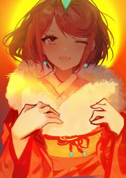 commentary earrings highres japanese_clothes jewelry kimono one_eye_closed orange_background parted_lips pyra_(xenoblade) red_eyes red_hair red_kimono short_hair sketch smile tarbo_(exxxpiation) tiara upper_body xenoblade_chronicles_(series) xenoblade_chronicles_2