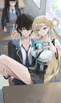 1boy 2girls absurdres aqua_necktie black_hair black_jacket black_nails black_skirt blue_eyes blue_necktie braid braided_bangs breasts carrying cellphone chisa_(wuthering_waves) classroom cleavage collarbone commentary_request earrings fingernails grey_vest hair_between_eyes hair_ornament hair_ribbon highres holding holding_phone hood hood_down hooded_jacket id_card indoors jacket jewelry llami_0 long_hair lynae_(wuthering_waves) male_rover_(wuthering_waves) medium_breasts multiple_girls nail_polish necktie no_eyes official_alternate_costume phone princess_carry red_ribbon ribbon rover_(wuthering_waves) selfie shaded_face shirt shirt_tucked_in skirt skull_hair_ornament smartphone smile star_(symbol) star_earrings thighs v vest white_shirt wuthering_waves yellow_eyes