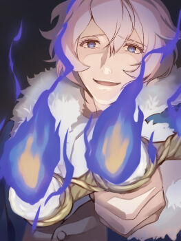 1boy black_background blue_coat blue_eyes blue_fire brown_vest candle candlestand coat colored_eyelashes commentary_request fire fur-trimmed_coat fur_trim furrowed_brow hair_between_eyes holding_candlestand looking_at_viewer male_focus mattias_(octopath_traveler) octopath_traveler octopath_traveler_i open_mouth pink_hair shikimiorange short_hair smile solo upper_body vest