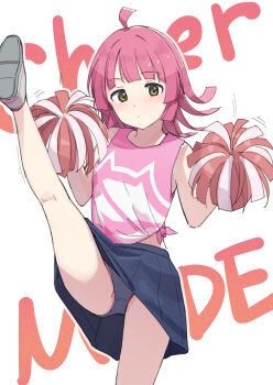 1girl absurdres ahoge blue_skirt blunt_bangs blunt_ends blush cheerleader closed_mouth commentary dot_mouth dot_nose grey_panties highres holding holding_pom_poms kishimen_hair leg_up light_blush looking_at_viewer love_live! love_live!_nijigasaki_high_school_idol_club medium_hair panties pantyshot pink_hair pink_shirt pom_pom_(cheerleading) pom_poms shirt sidelocks simple_background skirt sleeveless sleeveless_shirt solo split standing standing_on_one_leg standing_split tata_(tataice) tennoji_rina text_background underwear white_background yellow_eyes