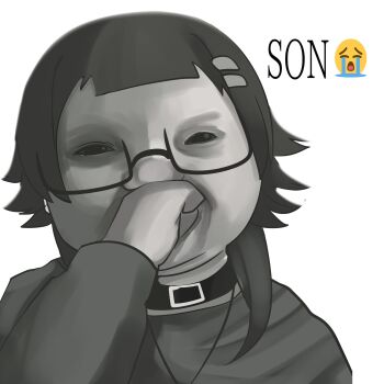 1girl absurdres ai_baby_holding_laugh_(meme) black_choker black_eyes black_hair black_shirt blunt_bangs choker colored_skin commentary covering_own_mouth crying_emoji emoji english_commentary glasses grey_skin hair_ornament hairclip hand_over_own_mouth hand_up highres looking_at_viewer medium_hair meme mikuneki original parallel_hairclips riyo_kaede_(mikuneki) semi-rimless_eyewear shirt simple_background solo son_i&#039;m_crine_(meme) stifled_laugh under-rim_eyewear upper_body white_background