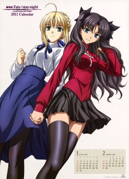 2girls absurdres ahoge artoria_pendragon_(fate) black_bow black_hair black_pantyhose black_ribbon black_skirt black_socks black_thighhighs blonde_hair blue_bow blue_eyes blue_neckerchief blue_ribbon blue_skirt bow braid breasts calendar closed_mouth clothes_pull collared_shirt english_text fate/stay_night fate_(series) female_focus green_eyes hair_bow hair_bun hair_ornament hair_ribbon highres holding_hands ishihara_megumi long_hair long_skirt long_sleeves looking_at_viewer medium_breasts medium_hair miniskirt multiple_girls neckerchief pantyhose pleated_skirt red_shirt ribbon saber_(fate) sexually_suggestive shirt shirt_pull single_hair_bun skirt small_breasts smile socks studio_deen thighhighs tohsaka_rin twintails white_shirt yuri zettai_ryouiki