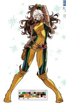 1girl belt bodysuit breasts brown_hair closed_eyes colored_bangs full_body gloves green_bodysuit gymnopedies2 highres jacket large_breasts long_hair marvel marvel_rivals multicolored_bodysuit multicolored_hair rogue_(x-men) smile solo superhero_costume two-tone_bodysuit two-tone_hair white_hair x-men yellow_bodysuit yellow_gloves