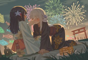 Rule 34 | 2girls, 2others, black kimono, blush, cho kaguya-hime!, closed eyes, commentary request, fireworks, floral print, floral print kimono, flower, food, fox shadow puppet, green eyes, hair flower, hair ornament, holding hands, japanese clothes, kimono, kiss, kissing hand, lily (flower), long hair, milktea (gggrrr2000), multiple girls, multiple others, night, obi, outdoors, pancake, pancake stack, picnic basket, plate, print kimono, purple flower, purple hair, runami yachiyo, sakayori iroha, sash, torii, white flower, white kimono, yuri