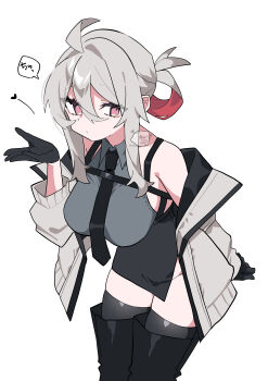 1girl absurdres ahoge bare_shoulders bent_over black_boots black_necktie black_skirt black_thighhighs blowing_kiss boots breasts chest_strap closed_mouth collared_shirt commentary_request cowboy_shot diamond-shaped_pupils diamond_(shape) folded_ponytail grey_hair grey_shirt hair_between_eyes hair_intakes heart high-waist_skirt highres jacket large_breasts long_hair long_sleeves looking_at_viewer ma_tai_(oimotororo1116) necktie off_shoulder oimotororo1116 open_clothes open_jacket original pink_eyes shirt side_slit sidelocks skindentation skirt sleeveless sleeveless_shirt solo standing symbol-shaped_pupils thick_eyelashes thigh_boots thighhighs thighs translation_request upper_body white_background white_jacket