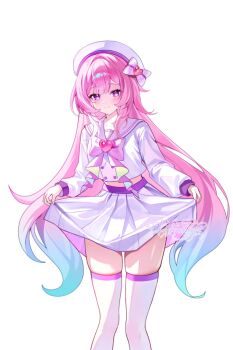 1girl alternate_costume chest_bow closed_mouth colored_eyelashes commentary cyrene_(demiurge)_(honkai:_star_rail) cyrene_(honkai:_star_rail) dalmyang gradient_hair hat highres honkai:_star_rail honkai_(series) long_hair long_sleeves looking_at_viewer midriff multicolored_hair pink_hair purple_eyes sailor_collar school_uniform shirt simple_background skirt smile solo standing thighhighs very_long_hair white_background white_hat white_sailor_collar white_shirt white_skirt white_thighhighs zettai_ryouiki